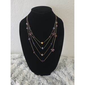 Ali Khan New York Signed Necklace Long Layered Purple Glass Crystals Gold Tone